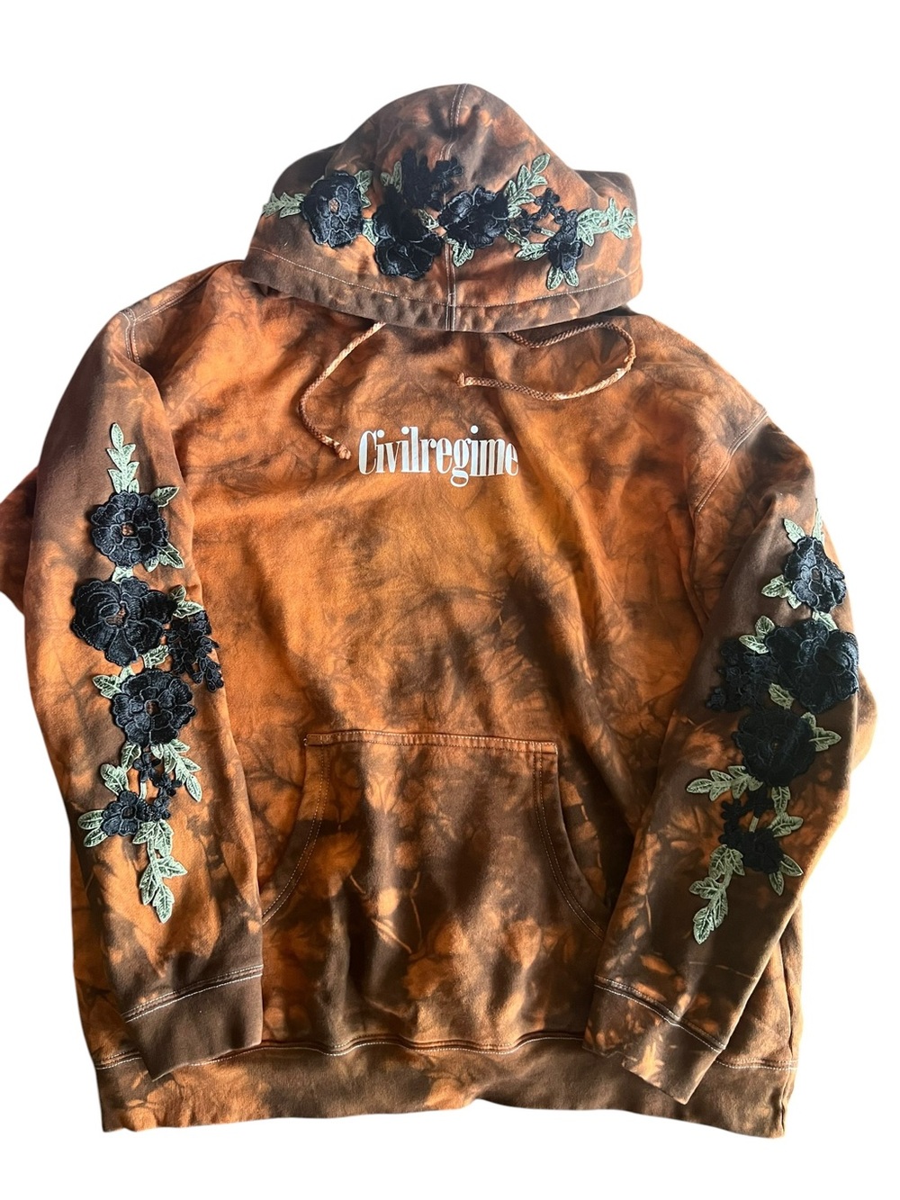 Civil Regime Dark Orange Marble Wash Tie Dye Embroidered Floral Hoodie LARGE